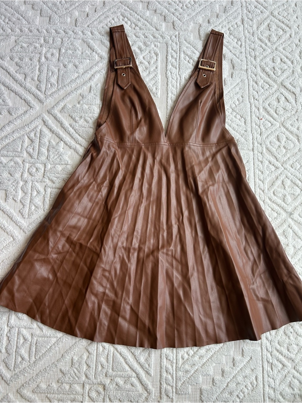 Brown Faux Leather Pinafore Dress - Deep V Pleated Dress
